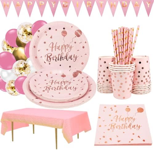 Pink and Gold Party Supplies Pink Birthday Plate Happy Birthday Party Cutlery Include Party Plate Napkins Cup Straws Tablecloths for Baby Shower Girls Ladies Birthday Party (Pink Serves 16)