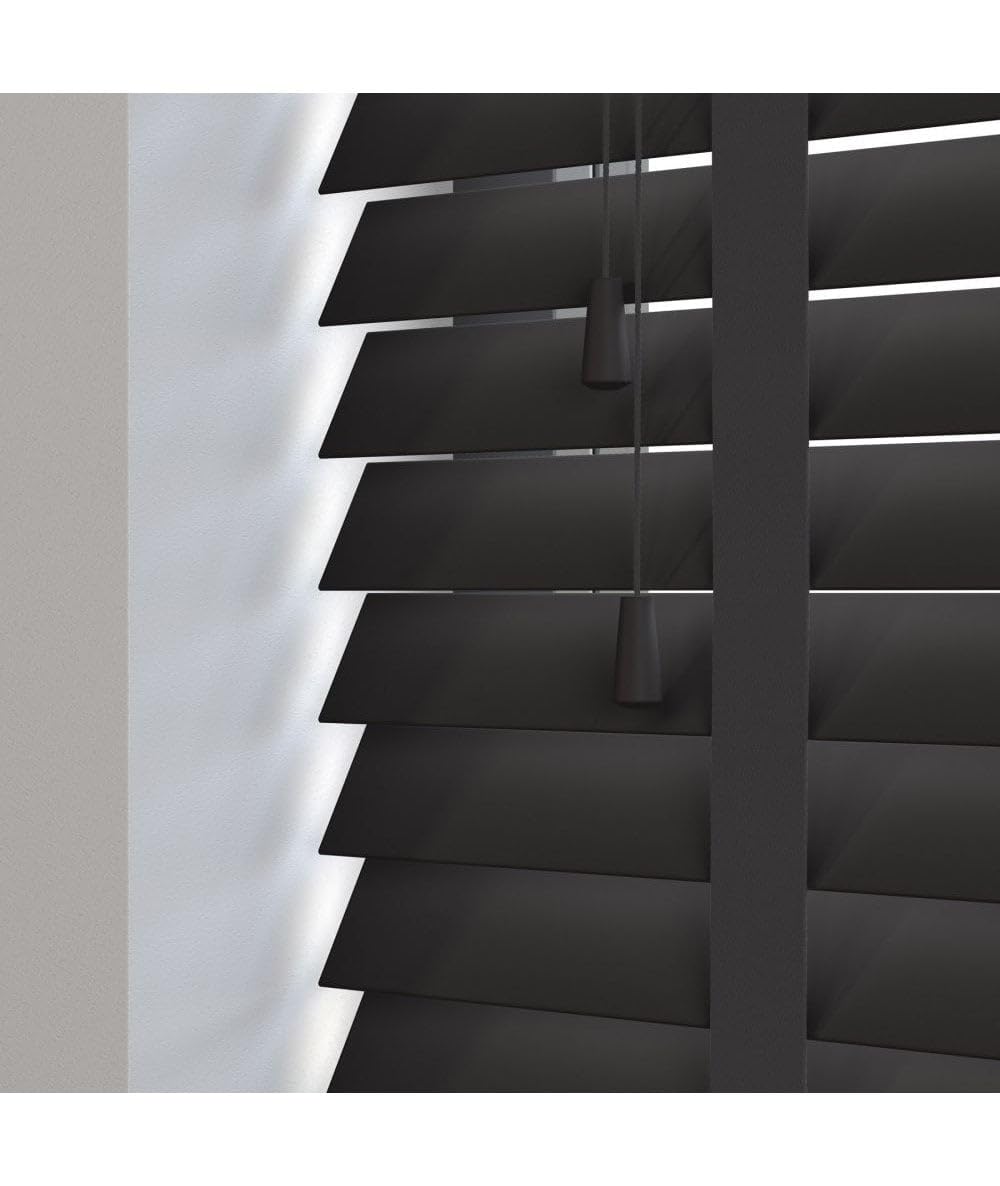 50mm Slat Black Real Wood Venetian Blind With Tapes 120cm Drop, 160cm
