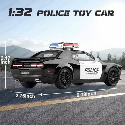 Image of 1:32 Die?Cast Dodge Challenger Hellcat Police Car Toy - Pull?Back, Light & Sound, Openable Doors /Hood /Trunk, Rubber Tires - Boys 3-12 Gift, Black