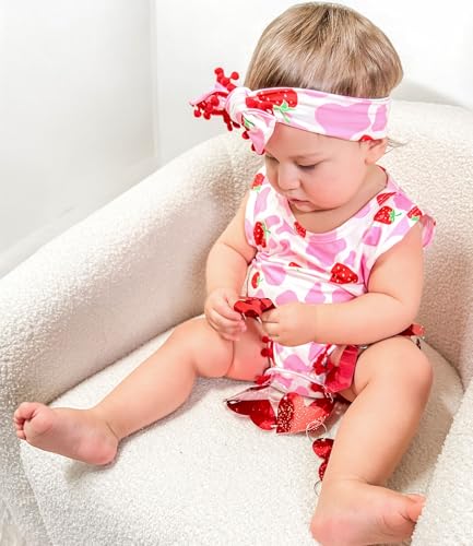 Leapparel Strawberry Baby Romper Pink Infant Cow Playsuit Red Pompom Tassel Newborn Girl Bodysuits Breathable Baby Girl Clothes Round Neck 3-6 Months Outfits with Bow Headband