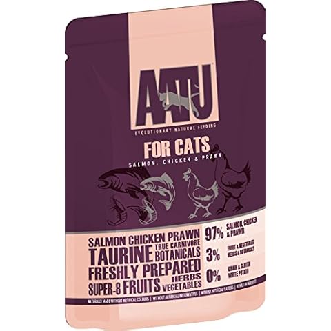 AATU 97/3 Wet Cat Food - Salmon - Chicken & Prawn (10x85g) - Grain Free Recipe with No Artificial Ingredients - Easy Tear Pouches Cover
