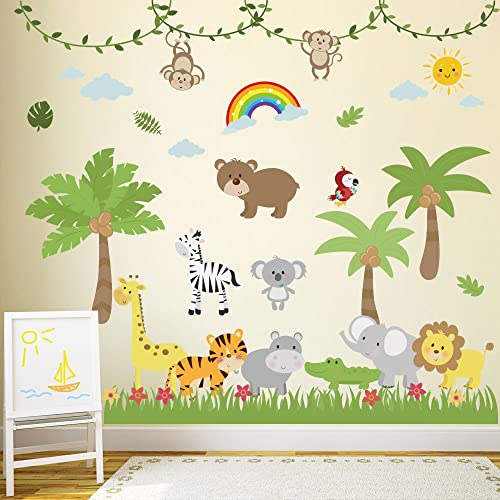 Supzone Jungle Animals Wall Sticker Tropical Animal Wall Decal Coconut Tree Elephant Monkey Lion Wall Decor For Kids Baby Diy Vinyl Mural Art For Nursery Bedroom Living Room Playroom #TOP1