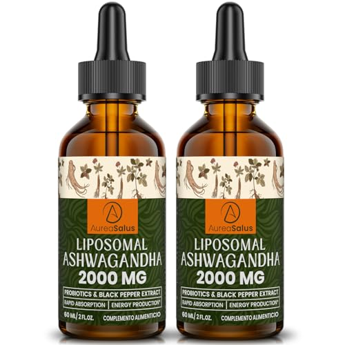 AureaSalus Liposomal Ashwagandha Drops 2000 mg, Extracto Natural puro de Ashwagandha, Probióticos Enriquecidos y Extracto de Pimienta Negra (Paquete de 2)