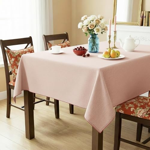 Image of Cotton Tablecloth, Edge Trim, Rust, 60 x 108 in | Heavyweight chambray cotton, embroidered edge trim, 6-8-seater rectangle, machine washable, everyday dining and hosting
