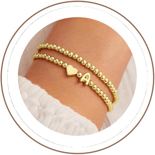 Layered Initial Bracelet for Women Girls | Dainty 14K Gold Plated Beaded Bracelets for Women Trendy Letter A-Z Heart Jewelry Personalized Gifts