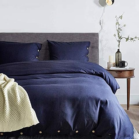 Delien Microfibre Bed Linen with Button Closure Design Plain Colour Bed Linen 2 Pieces (1 Duvet Cover 135 x 200 cm + 1 Pillowcase 80 x 80 cm) 4 Seasons Bedding Set, Dark Blue Cover
