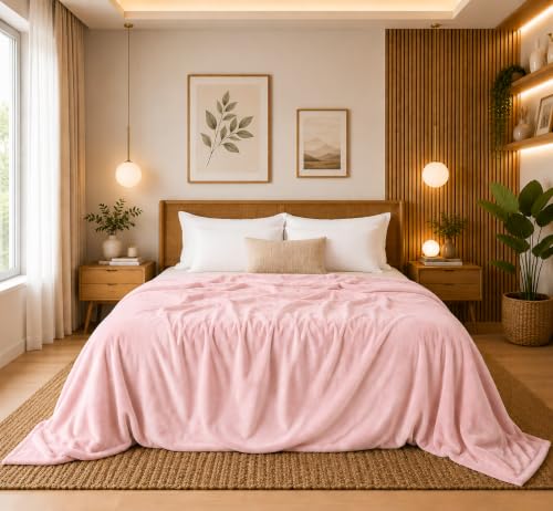 Image of SANMARINO Premium Solid Flannel Blanket for Single Bed | Super Soft Touch Plush Fleece Blanket | All Season Lightweight Yet Cozy Blanket for Bed,Sofa,Couch, Travel & Camping | 152 x228 cm (Pink)