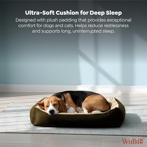 Image of Reversible Rectangle Dog Bed | Medium 60 X 75 Cm Pet Bed for Dogs and Cats | Premium Velvet, Washable Fabric | Soft Sofa-Style Bed for Dog with Thick 15 Cm Insert | Brown & Cream