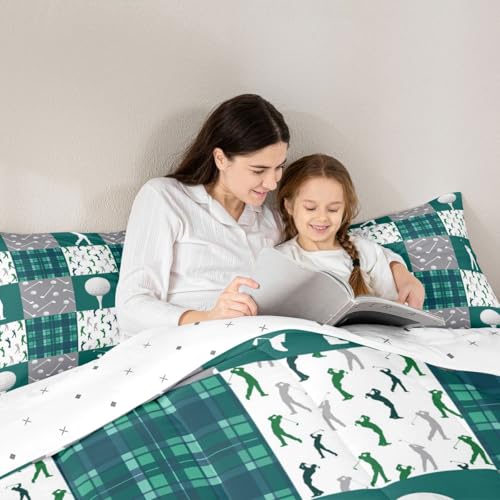 Image of Feelyou Golf Comforter Set Queen Size Green Plaid Buffalo Check Geometric Bedding Set for Kids Boys Girls Sports Theme Duvet Quilt Bedroom Decor Microfiber 3 Pcs with 2 Pillow Cases