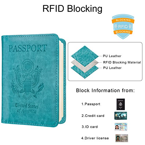 Image of WALNEW Passport Holder for Travel, RFID Passport Cover Wallet for Women Men, PU Leather Passport Book Card Holder Case with Pen (Elastic Band Closure, AA-Brown+Blue)