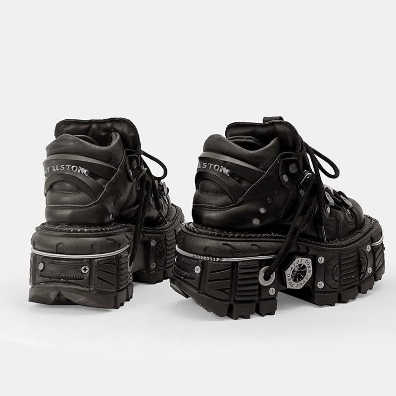 PU Leather Y2K Grunge Punk Platform Height Increase Derby Shoes for Casual Streetwear Mixed Color Thick Sole Sneakers with Skull Metal Accent Design - Image 5