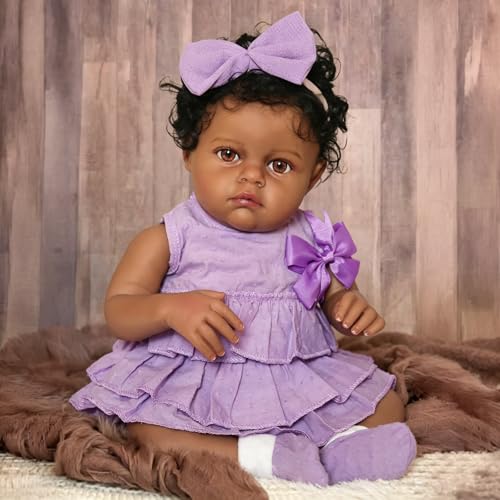 Image of KSBD Reborn Baby Doll Black Girl - 18 Inch Weighted Lifelike Realistic African American, Newborn Real Life Handcrafted Toddler Baby with Hair, Soft Cloth Body and Accessories Gift Set for Kids Age 3+