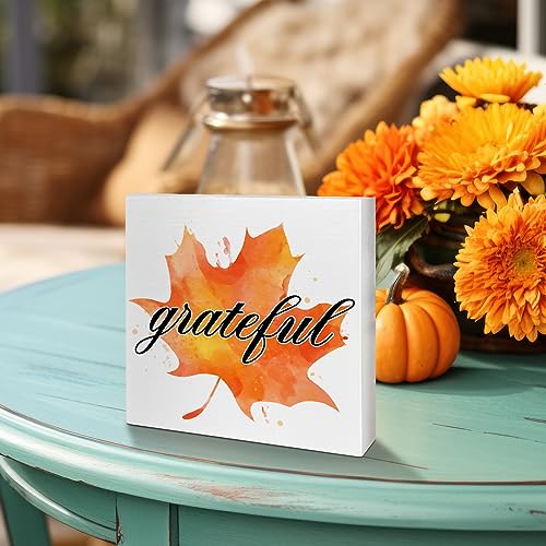 Image of Thanksgiving Table Wooden Box Sign, Thankful Autumn Table Decor Fall Maple Leaf Farmhouse Tabletop Decorations for Home Office Harvest Thanksgiving Rustic Desk Decor