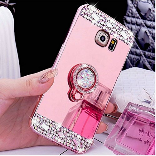 Auroralove Galaxy Note 5 Luxury Rhinestone Makeup Case, Samsung Galaxy Note 5 Handmade Bling Diamond Soft TPU Mirror Glass Case for Girls Women with Detachable Ring Stand-Rose Gold