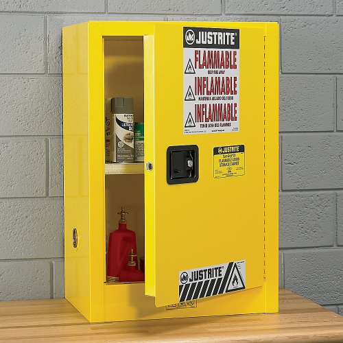 Justrite 4 Gallon Self Close Countertop Flammable Storage Cabinet, 18 Gauge Steel, 1 Shelf, 1 Door Fire Cabinet, 22" x 17" x 17", Made in The USA, Gray, 890423
