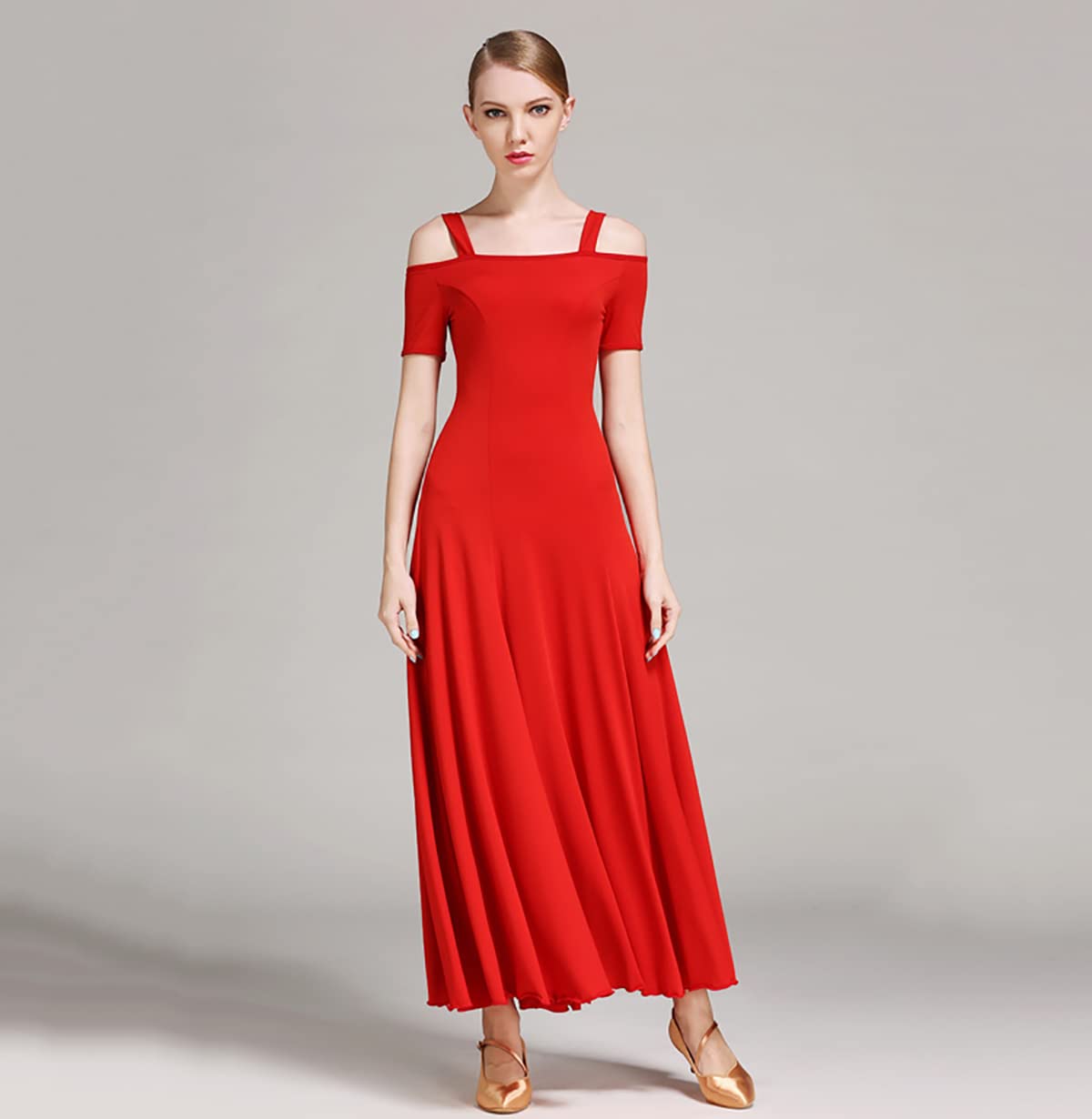 Kobieta? moda seksowna sukienka na ramię solidna długa sukienka na imprezę elegancka sukienka nowoczesna walc ubrania do tańca balowego taniec duża spódnica swingowa odzież performance (XXL, czerwona)