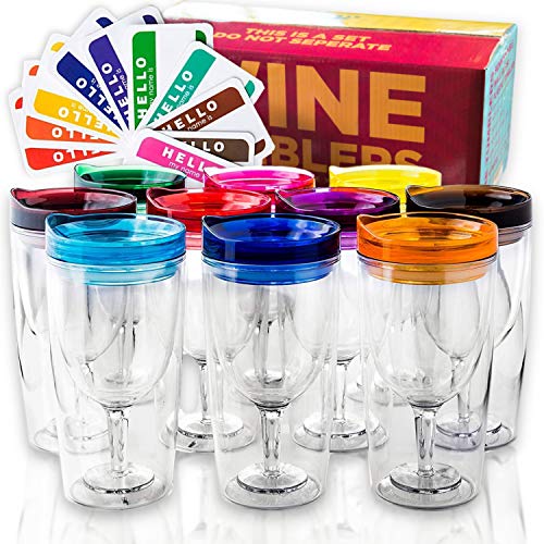 Insulated Wine Tumbler With Lid SET OF 10 BONUS Name Decals  Outdoor Acrylic Plastic Wine Glasses  10oz Cup Tumblers in 10 Colors - Adult Sippy  Unbreakable Stemless Wine Glass