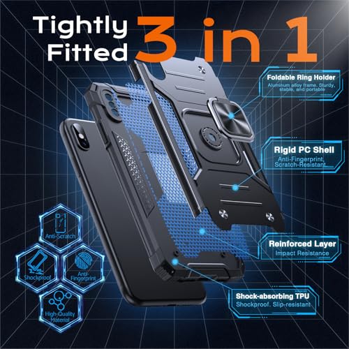 Image of Anqrp Heavy Duty Case for iPhone X /XS Case with Enhanced Ring Holder Grip Stand, Military Grade Shockproof Rugged Drop Protective Silicone Hard Slim iPhone X /XS Phone Case Cover, Matte Black