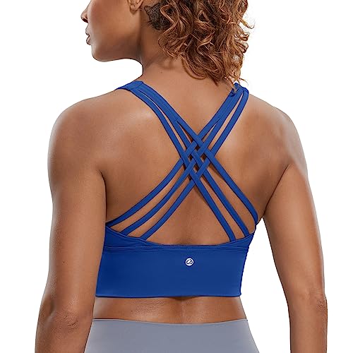 CRZ YOGA Women's Longline Strappy Sports Bras Fitness Bra Wirefree Padded Yoga Crop Tops with Built in Bra Waves Blue M
