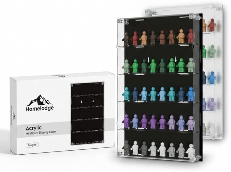 Acrylic Minifigure Display Case - Wall Mount Mini Figure Storage Shelves with Black Background - Holds 40 Tall Minifigs - Clear Shelf Box for Large Minifigures - Stands & Extra Accessories