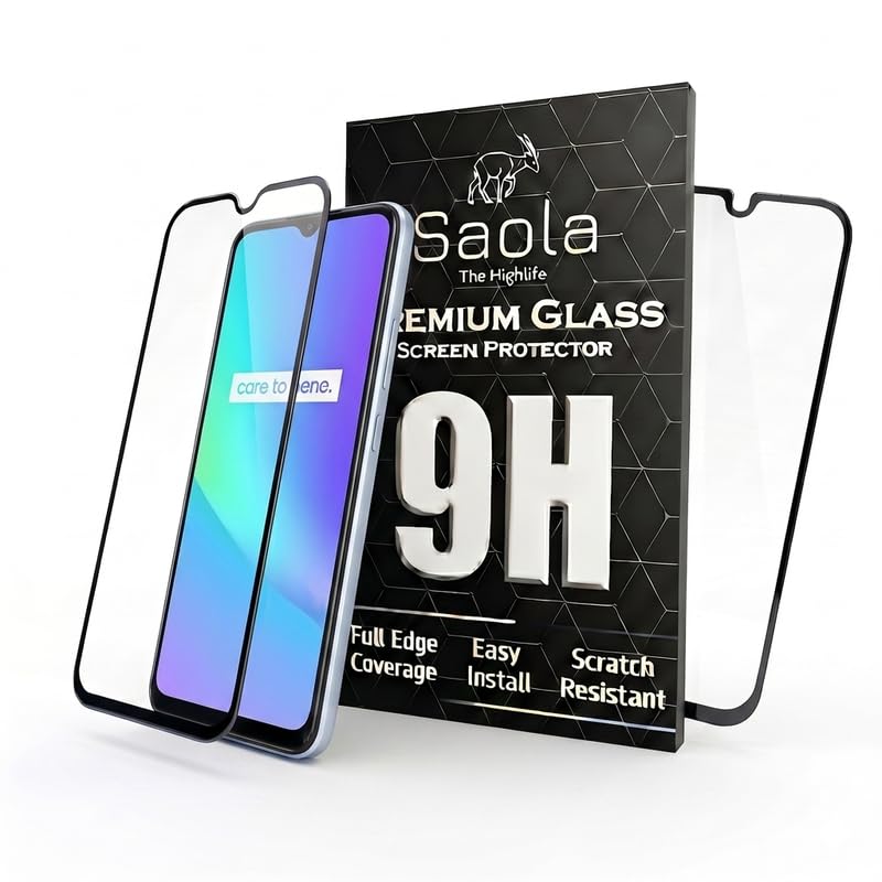 Image of Saola HD+ Oleophobic Tempered Glass Screen Protector For Realme C25 (Pack Of 2) with Free Installation Kit. Full screen Coverage - 6.5 inch