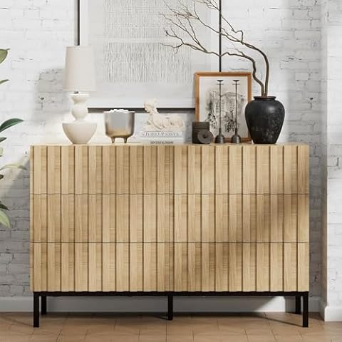 UEV Natural Wood Dresser for Bedroom,Mid Century Modern Dresser,Fluted 6 Drawer Dresser with Metal Stand,Accent Chest of Drawers for Bedroom,Living Room,Hallway Cover