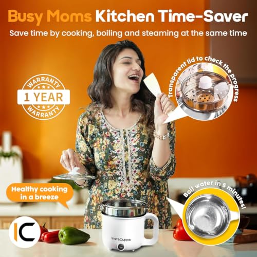 Image of InstaCuppa 3-in-1 Multi Cook Kettle with Steamer, 1.2 L Inner Pot, Adjustable Temperature Settings, Wide Mouth, Ideal for Boiling Milk, Tea, Coffee, Eggs & Steaming Veggies, 600 Watts