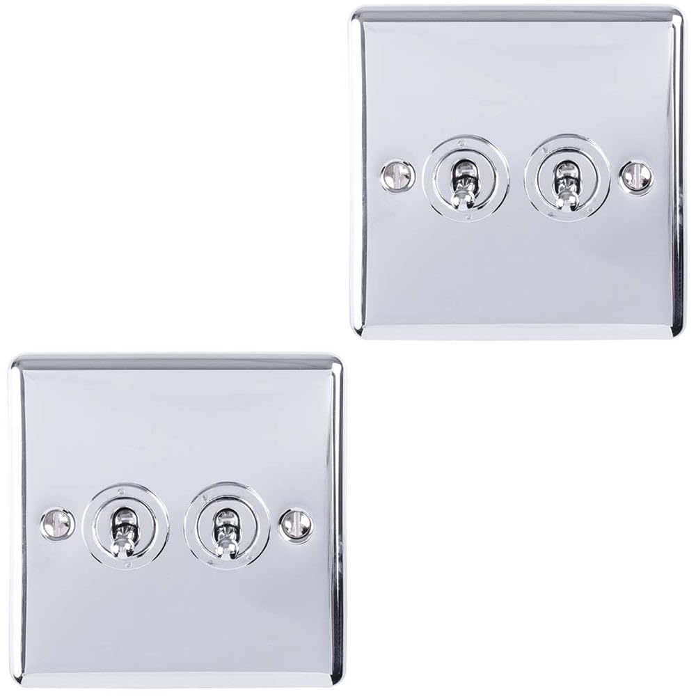 Loops Light 2 Pack 2 Gang Double Retro Toggle Switch Polished Chrome 10A 2 Way Plate - Classic Vintage Style Flick Lever Wall Plate