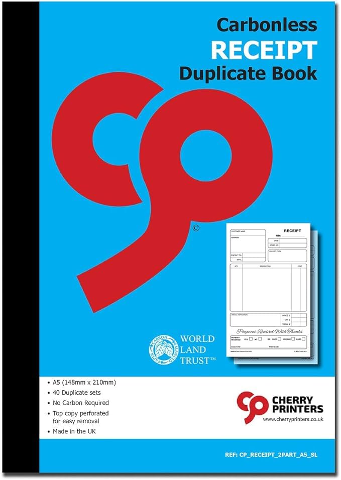 Cherry Printers | Carbonless NCR | Receipt Book | Duplicate 2pt A5 (148 x 210 millimetres) S+L | Perfect for Small Businesses |**6 Pack**
