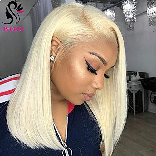 Short European Human Hair Bob Wigs Glueless Full Lace Front Wigs for Women Blunt Bob Cut #613 Lightest Blonde (14inch, Lace Front Wig)