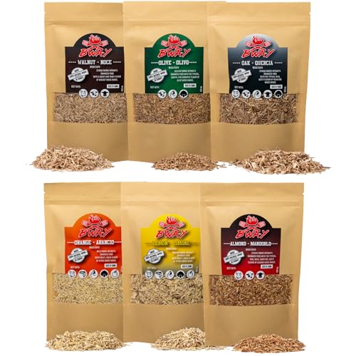 BWAY Madera para Ahumador de Alimentos Profesional - Olivo, Naranja, Almendra, Limón, Nuez y Roble (6 x 400 ml)- Ebook de Regalo con 20 Recetas - Regalos para Chefs - Ideales para Ahumar