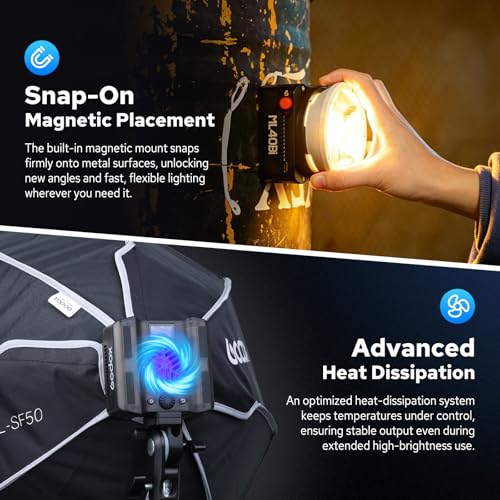Image of Godox ML40Bi Mini COB Video Light 40W, 26400lux@1m, Handheld Portable Bi-Color COB LED Continuous Output Lighting w /Built-in 4800mAh Battery, CRI /TLCI 96+ 0-100%, 11FX, NFC APP Photography Spotlight