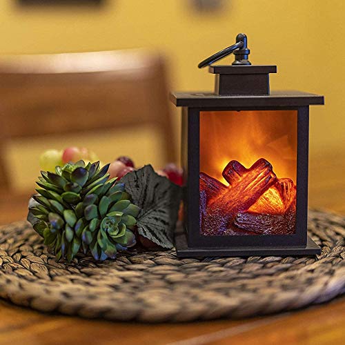 Image of Small Cozy Fireplace Lantern Traditional Realistic Log Wood Burning Flame Effect Ligh LED Charcoal Style Table LampFor Indoor & Outdoor Use