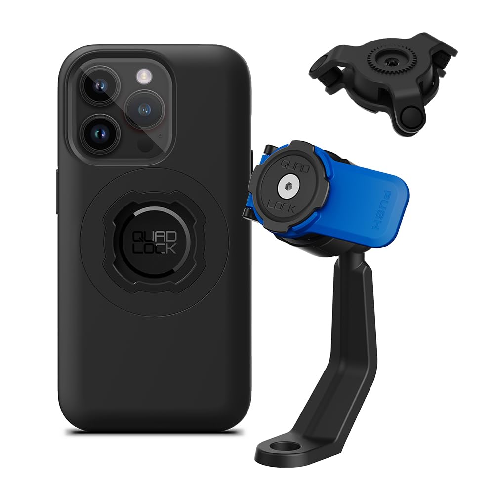 QUAD LOCK Spiegelarm Handyhalterung für Motorrad mit Vibrationsdämpfer und MAG Hülle für iPhone 14 Pro