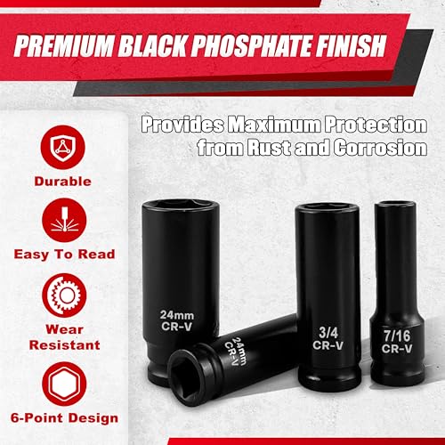 1/2" Drive Impact Socket Set, SAE and Metric, Cr-V Steel, 6 Point Deep & Shallow Sockets (30pcs 1/2" Socket Set)