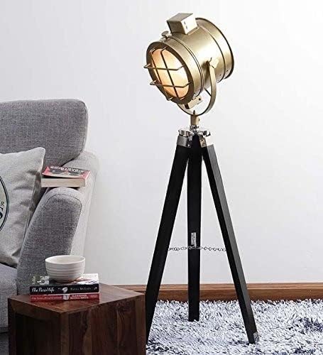 NauticalMart Brass Finish Floor Standing Teak Wood Tripod Floor Lamp