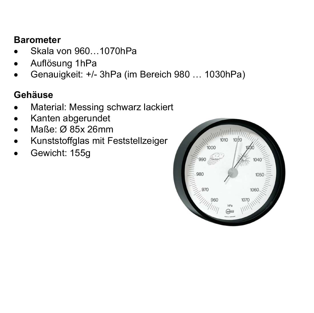 Barigo 115 Home Baromètre Noir 85 mm x 25 mm