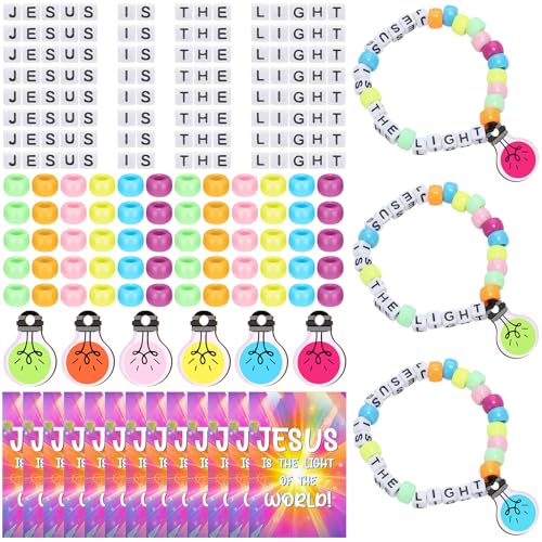 Kenning 24 Set VBS 2026 Bracelet Crafts Kit Illumination Theme Bracelet Bulk Jesus is The Light Making Kit Colorful Rainbow Bead Wristband Charms for Summer Christian Church Bible School DIY Gifts