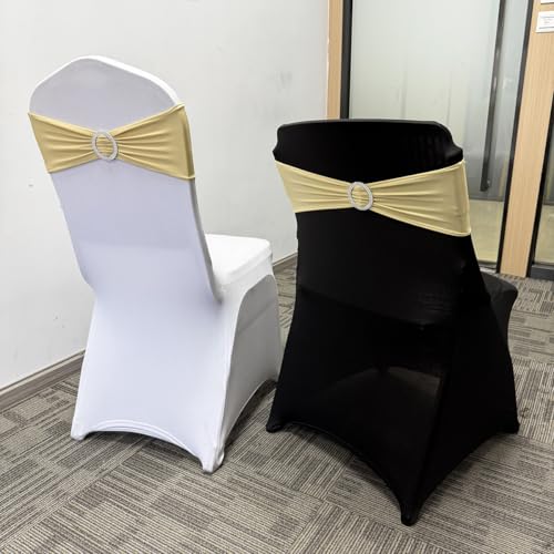 Image of Spandex Chair Sashes Bands, Champagne, 100PCS | Stretch Chair Ties Bows, With Buckle Slider, For Wedding Party Banquet Decoration