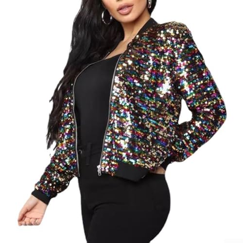 Sofisticada chaqueta de béisbol de lentejuelas para mujer, abrigo de manga larga con cremallera a medida para espectáculos de escenario y eventos sociales (XXL #01)