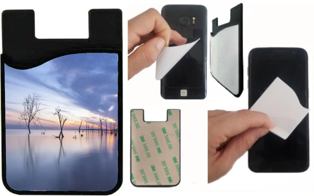 Island Gifting Neoprene Stick-on ID Card Holder for iPhone/Galaxy/Google Android Cases Featuring Image of Silhouette Trees in Water in Paraguay