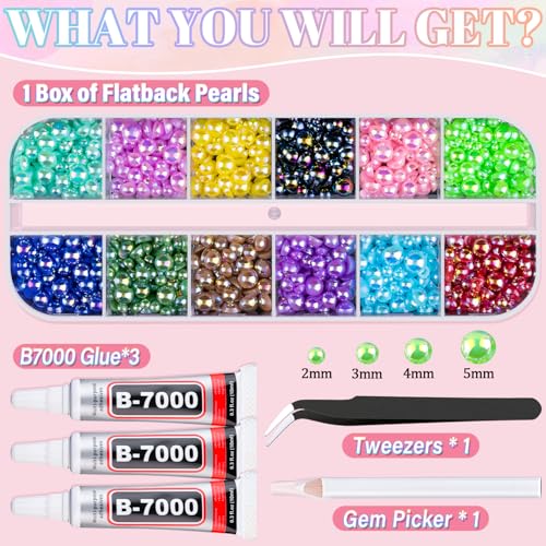 Image of Flatback Pearls for Crafting with 3Pcs 10ml B7000 Jewelry Glue, 1 Box of Half Round Colorful AB Pearls, Bedazzling Beads for DIY Crafts Clothing Tumblers Shoes Embellishment Nail Art