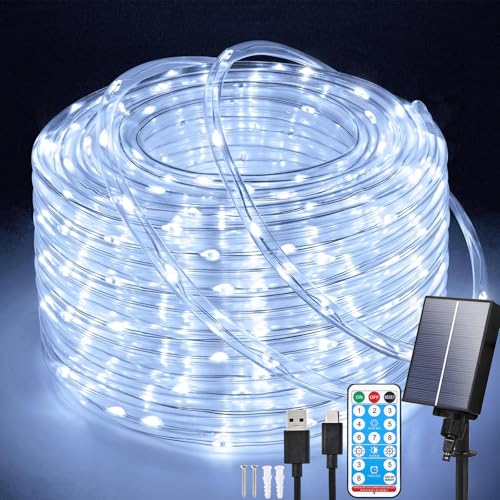Aofonchy Solare Catena Luminosa Esterno, 20M 200LEDs Impermeabili Luci di Tubo Solari con 8 Modi & Telecomando, USB Luci a Corda Solari, Luminosa Tubo per Giardini Patio Case Natalizie Festa