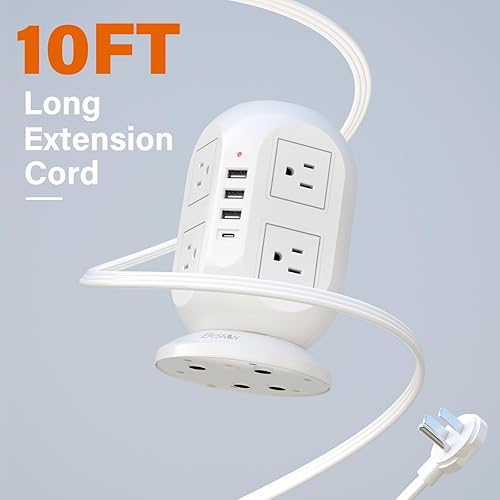 Miniatura 10 de BESFAN - Protector de sobretensiones en torre, cable de extensión de 10 pies con múltiples tomas, protector de sobretensiones 1050J, 8 tomas, 4
