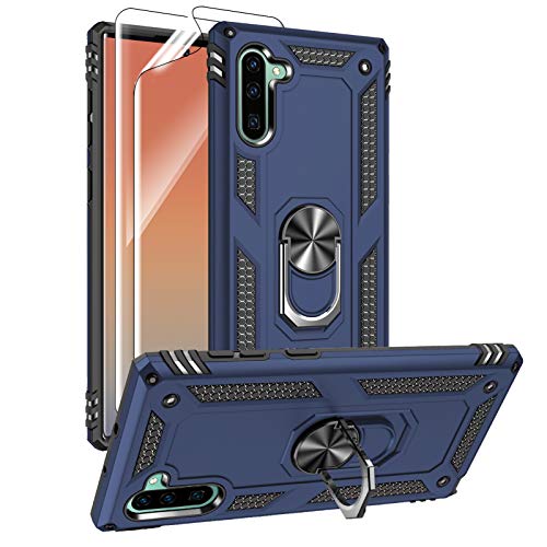 for Samsung Galaxy Note 10 Case, Note10 Case with HD Screen Protectors, Military-Grade Metal Ring Holder Kickstand 15ft Drop Tested Shockproof Cover Case for Samsung Note 10 (2019) Blue