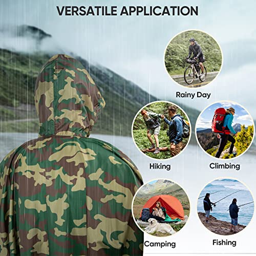 Image of PTEROMY Hooded Rain Poncho for Adult, Waterproof Lightweight Unisex Raincoat for Hiking Camping Emergency