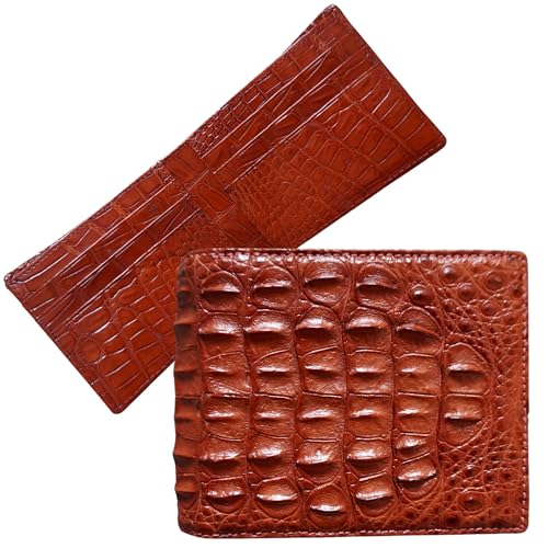 Double Side Mens Alligator Leather Skin Crocodile Bifold Handmade Wallet (Cognac-Mid Horn)
