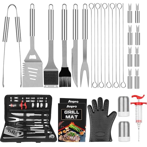 Anpro Grilling Accessories Grill Kit- Grill Set, Grilling Utensil Set, BBQ Accessories, BBQ Kit, BBQ Grill Tools, Grilling Gifts for Men, Smoker, Camping, Kitchen, Stainless Steel, 31 pcs…