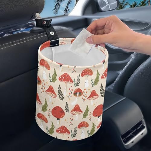 Image of Red Cute Mushroom Trash Can for Car Garbage Can for Back Seat Leak Proof with Adjustable Buttons Cars Accessories for Women Interior