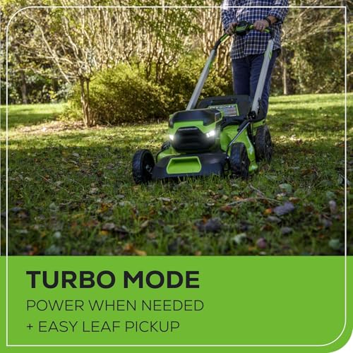 Image of Greenworks 60V 21in Brushless Self-Propelled Cordless Lawn Mower, 2 x 4.0Ah Batteries (3 /4 Acre, Rapid Charger, 4-in-1, LED Lights, IPX4), Extra Mower Blade